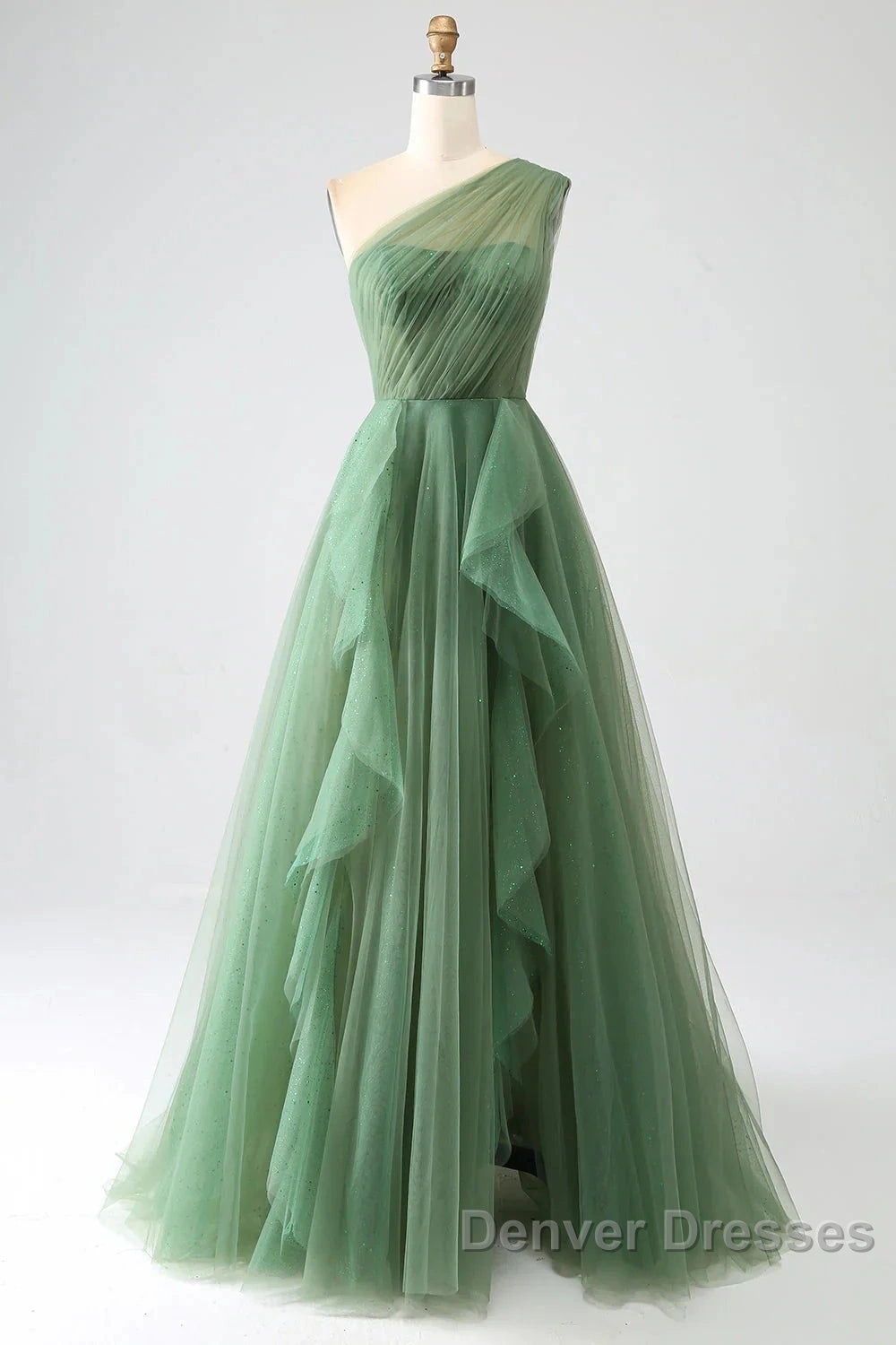 Dark Green A-Line One-Shoulder Sequins Tulle Long Prom Dress