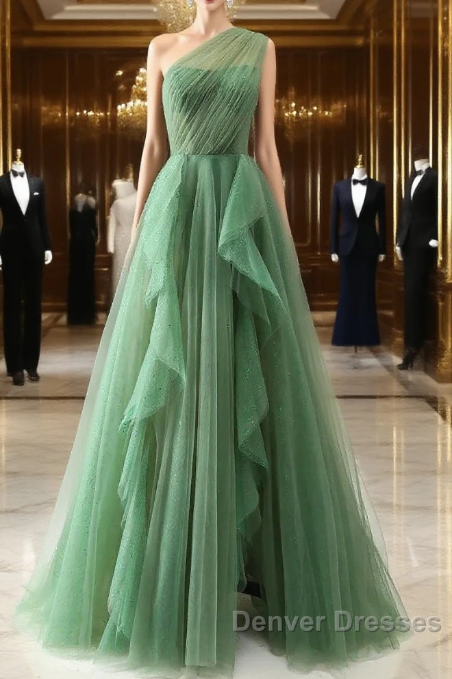Dark Green A-Line One-Shoulder Sequins Tulle Long Prom Dress Main image