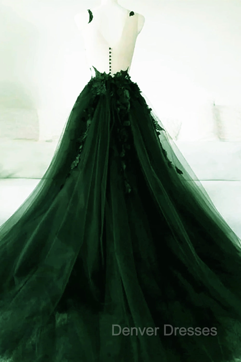 Dark Green A-Line Open Back Tulle Lace Floral Formal Dress, Green Long Prom Dress Secondary image