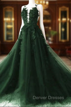 Dark Green A-Line Open Back Tulle Lace Floral Formal Dress, Green Long Prom Dress