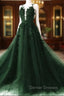 Dark Green A-Line Open Back Tulle Lace Floral Formal Dress, Green Long Prom Dress