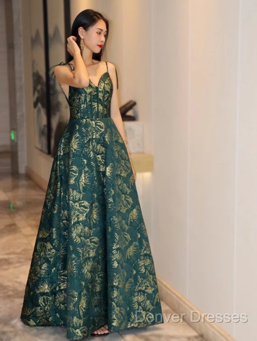 Dark Green A-Line Spaghetti Strap Satin Long Prom Dress Sweetheart Neckline Retro Bridal Dress