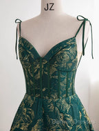Dark Green A-Line Spaghetti Strap Satin Long Prom Dress Sweetheart Neckline Retro Bridal Dress