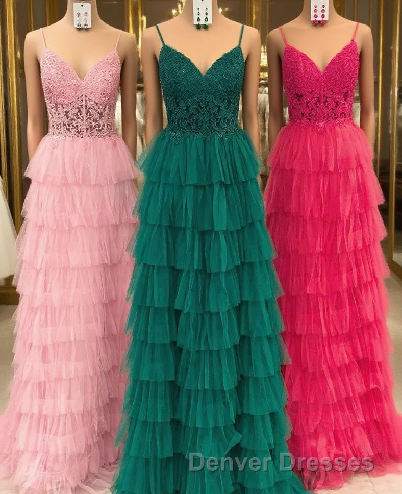 Dark Green A-Line Tiered Tulle Long Prom Dress with Lace
