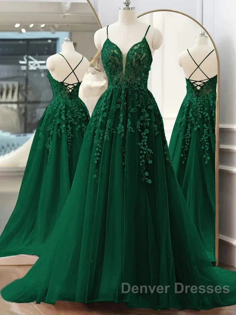Dark Green A-Line Tulle Lace Long Prom Dress V Neck Lace Formal Evening Dress Secondary image