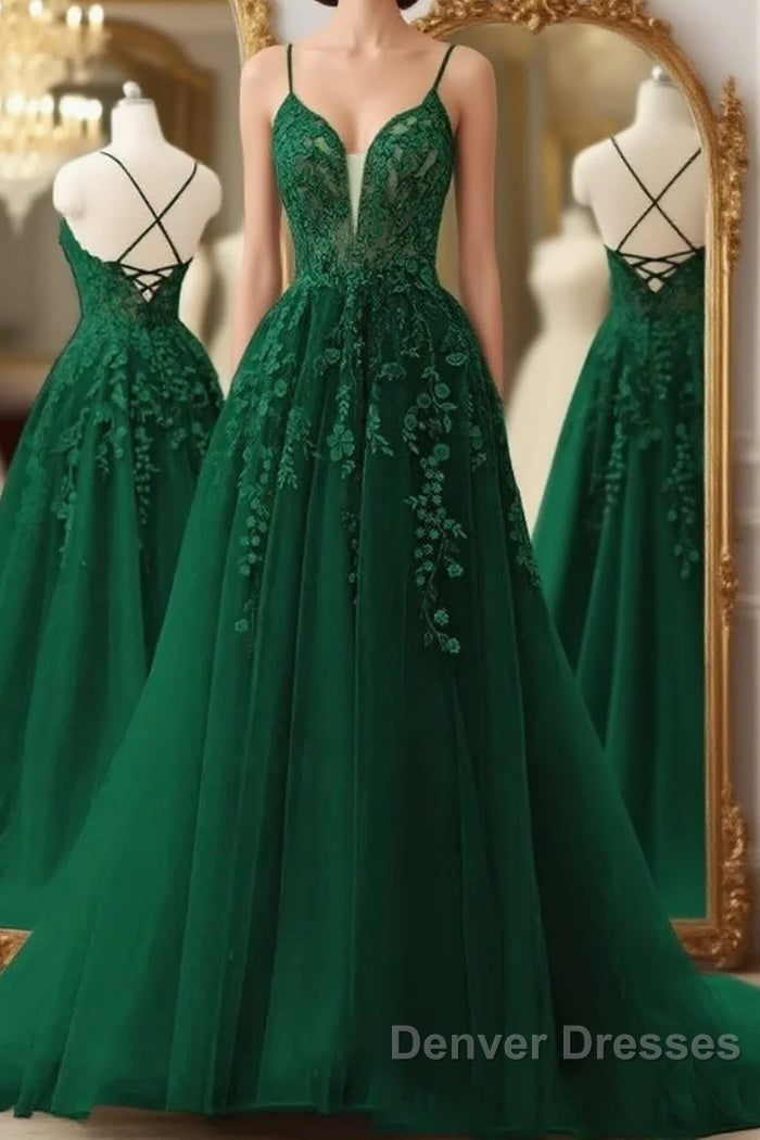 Dark Green A-Line Tulle Lace Long Prom Dress V Neck Lace Formal Evening Dress Main image