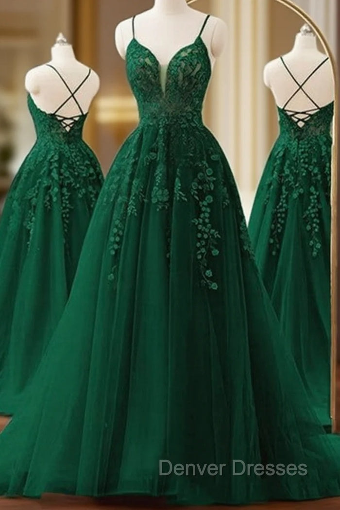 Dark Green A-line V-neckline Tulle and Lace Party Dress, Green Long Prom Dress