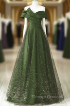 Dark Green and Black A-line Satin Long Party Dress, Simple Long Prom Dress