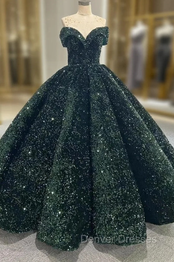 Dark Green Ball Gown Sequins Off the Shoulder Prom Dress Main image