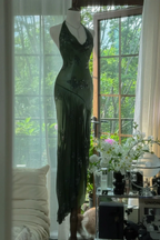 Dark Green Beaded Elegant Long Chiffon Ball Gown Evening Dress Party Dress