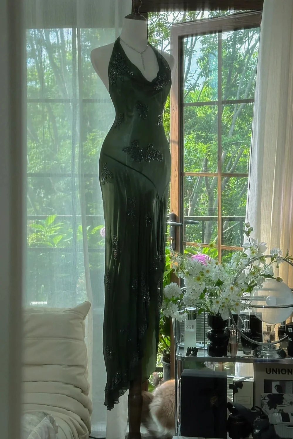 Dark Green Beaded Elegant Long Chiffon Ball Gown Evening Dress Party Dress
