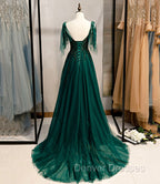 Dark Green Beaded Tulle Straps A-line Formal Dress, Green Evening Dress Prom Dress