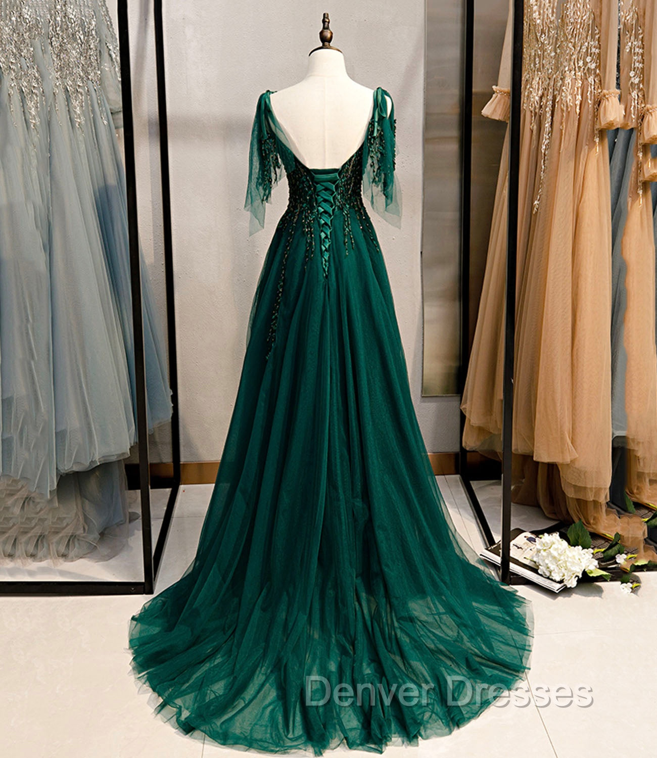Dark Green Beaded Tulle Straps A-line Formal Dress, Green Evening Dress Prom Dress