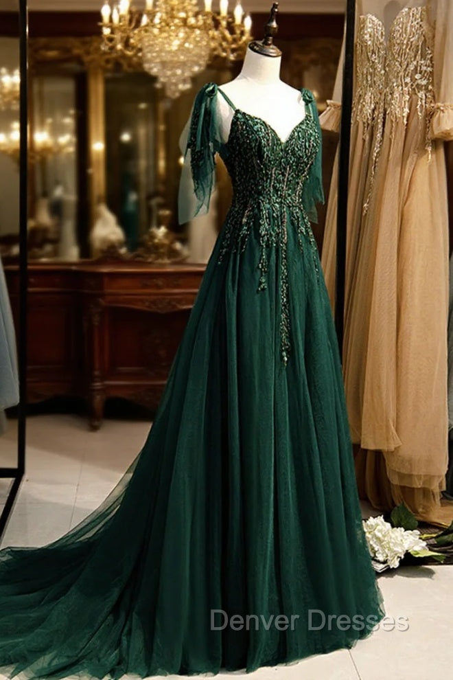 Dark Green Beaded Tulle Straps A-line Formal Dress, Green Evening Dress Prom Dress