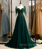 Dark Green Beaded Tulle Straps A-line Formal Dress, Green Evening Dress Prom Dress