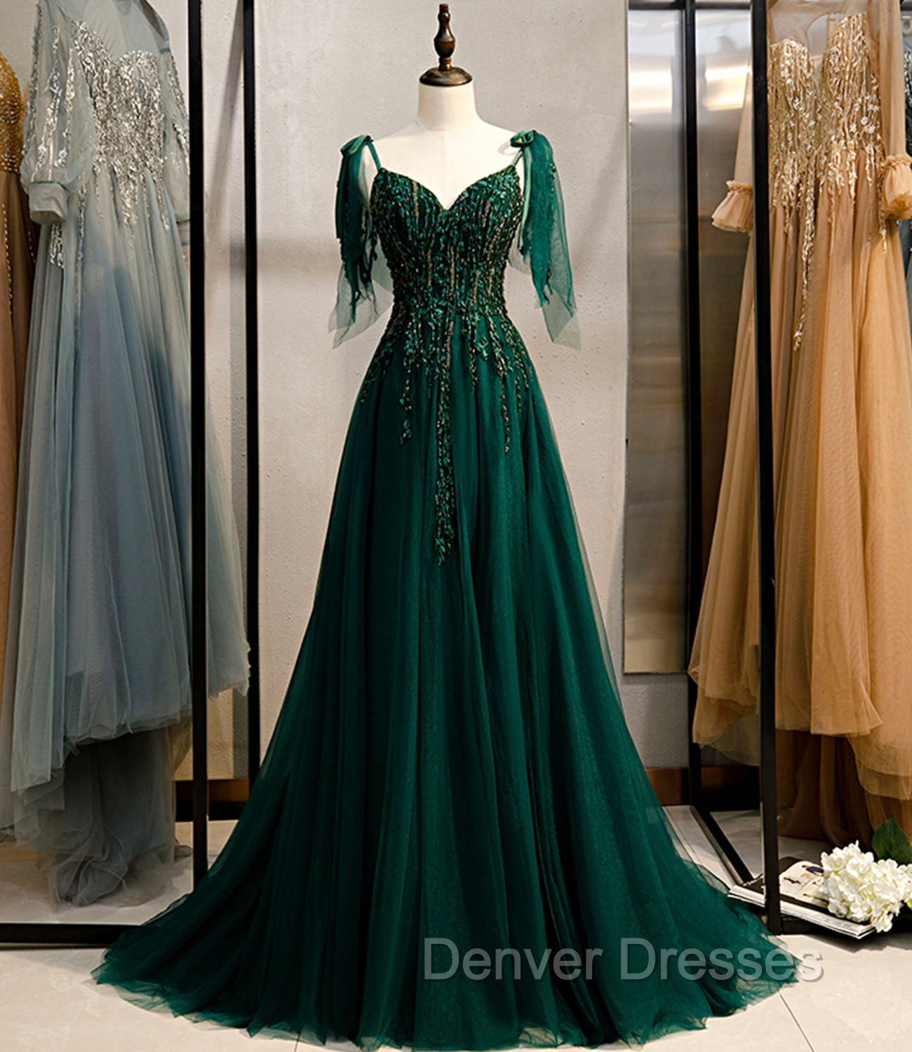 Dark Green Beaded Tulle Straps A-line Formal Dress, Green Evening Dress Prom Dress