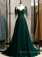 Dark Green Beaded Tulle Straps A-line Formal Dress, Green Evening Dress Prom Dress