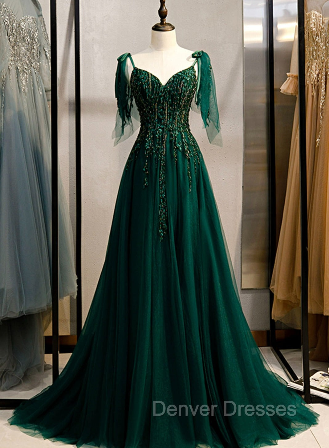 Dark Green Beaded Tulle Straps A-line Formal Dress, Green Evening Dress Prom Dress