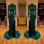 Dark Green Beadings Pearl Long Sleeves Evening Gowns Mermaid Prom Dress With Slit
