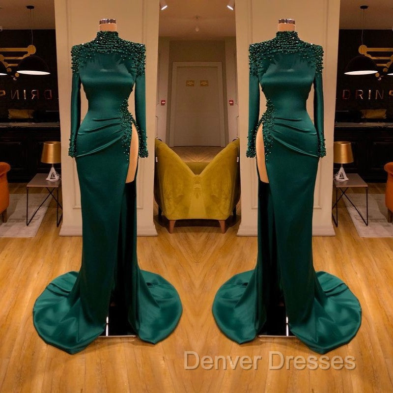 Dark Green Beadings Pearl Long Sleeves Evening Gowns Mermaid Prom Dress With Slit
