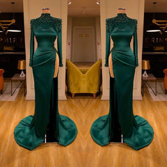 Dark Green Beadings Pearl Long Sleeves Evening Gowns Mermaid Prom Dress With Slit