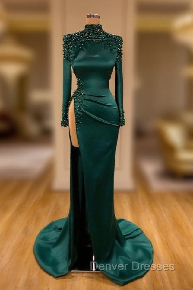 Dark Green Beadings Pearl Long Sleeves Evening Gowns Mermaid Prom Dress With Slit