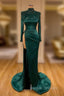 Dark Green Beadings Pearl Long Sleeves Evening Gowns Mermaid Prom Dress With Slit