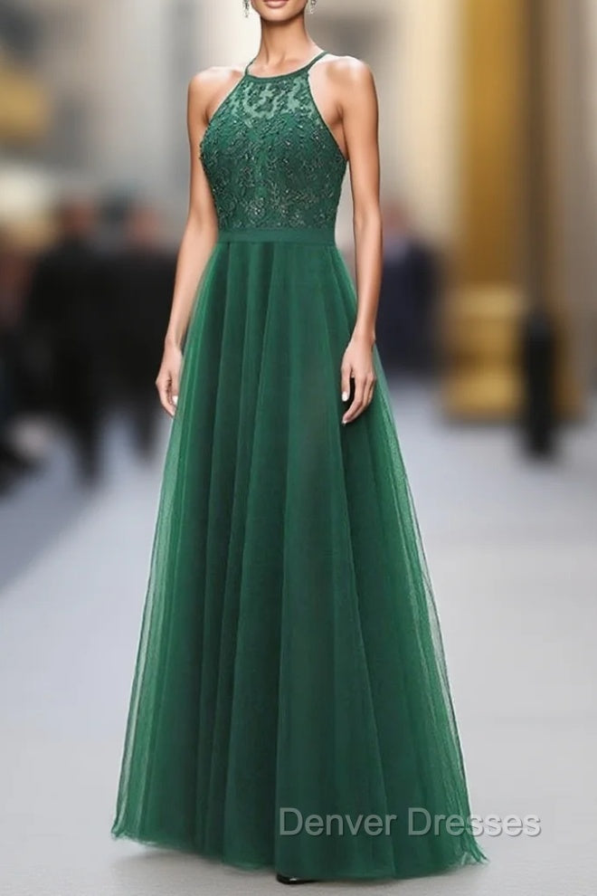 Dark Green Cross Back Tulle Halter Long Party Dress, A-line Junior Prom Dress Main image