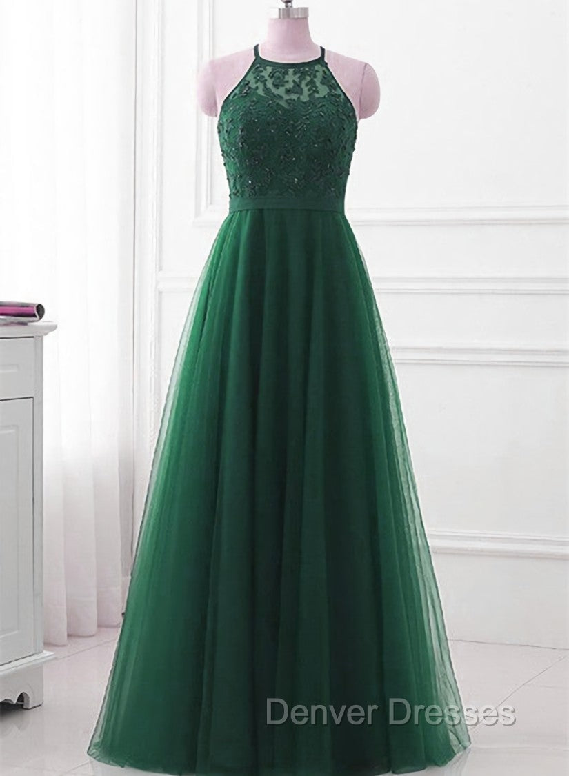 Dark Green Cross Back Tulle Halter Long Party Dress, A-line Junior Prom Dress Secondary image