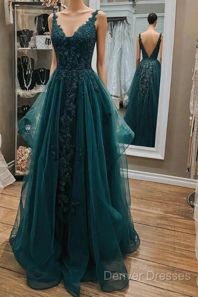 Dark Green Lace Beaded Long Prom Dress, V Neck Backless Evening Dress
