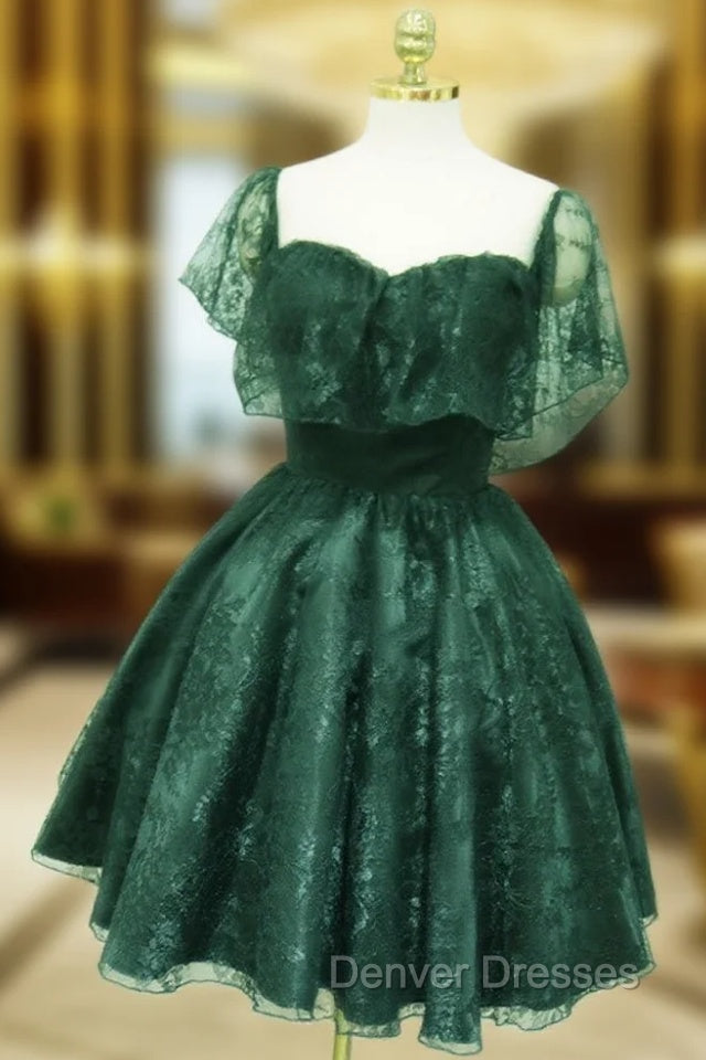 Dark Green Lace Off Shoulder Short Party Dress, Lace Homecoming Dress