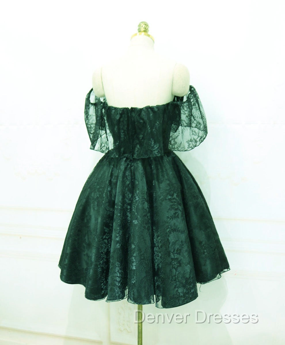 Dark Green Lace Off Shoulder Short Party Dress, Lace Homecoming Dress