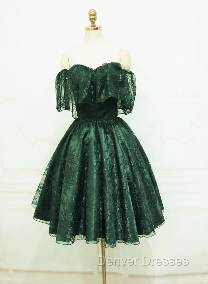 Dark Green Lace Off Shoulder Short Party Dress, Lace Homecoming Dress Secondary image