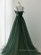 Dark Green Long Beaded A-line Evening Dress Party Dress, Green Prom Dress