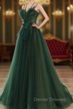 Dark Green Long Beaded A-line Evening Dress Party Dress, Green Prom Dress