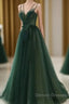 Dark Green Long Beaded A-Line Evening Dress Party Dress Prom Dress Formal Dress December Wedding Guest Dress