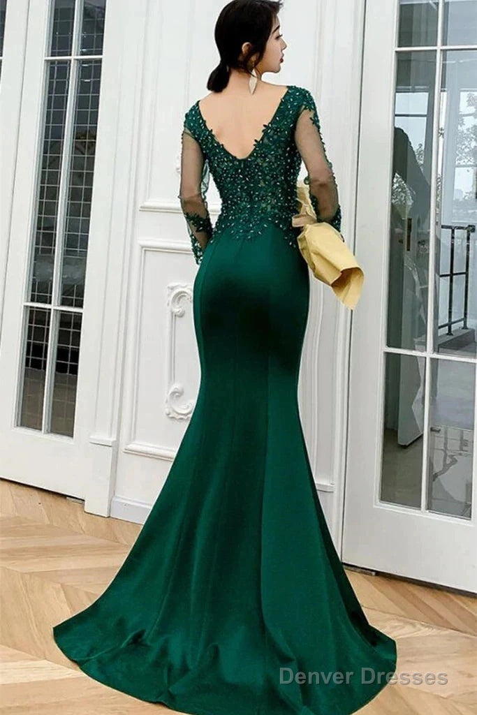 Dark Green Long Sleeve Beading Appliques Mermaid Prom Dress Secondary image