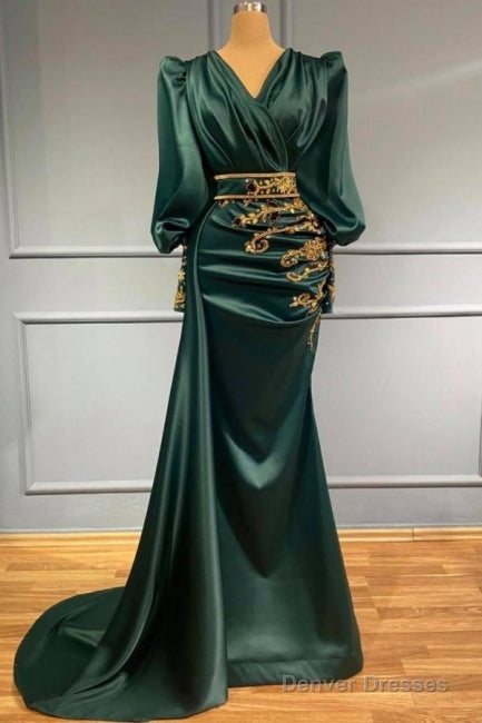Dark Green Long Sleeve Beading Satin Trumpet Mermaid Prom Dress Main image