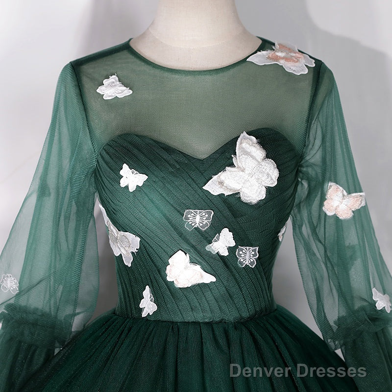 Dark Green Long Sleeves Ball Gown Sweet 16 Dresses, Green Tulle Round Neckline Prom Dresses Secondary image