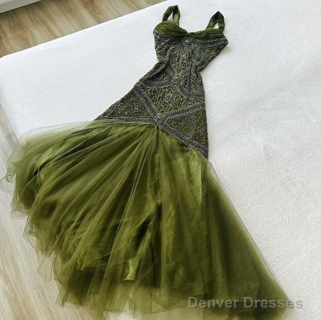 Dark Green Merimaid Spaghetti Strap Tulle Beaded Long Prom Dress Birthday Graduation Prom Dress Main image