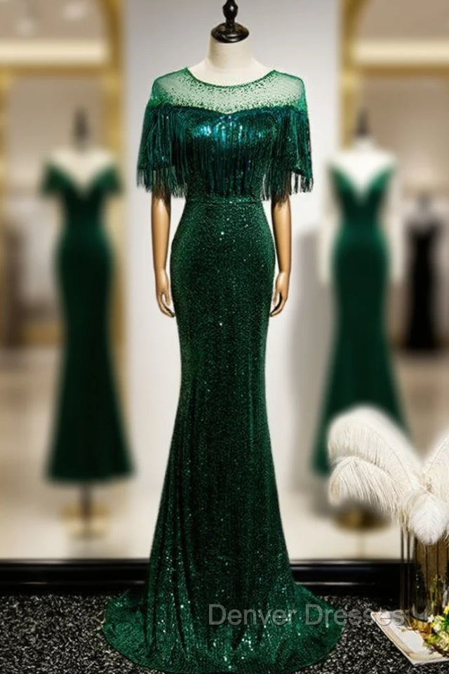 Dark Green Mermadi Sequins Tassel Short Sleeve Prom Dress