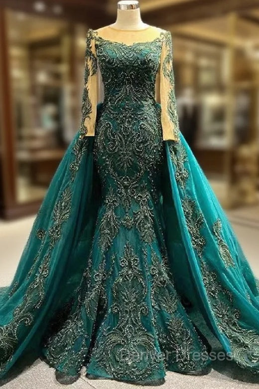 Dark Green Mermaid Long Sleeve Appliques Beading Prom Dress Main image