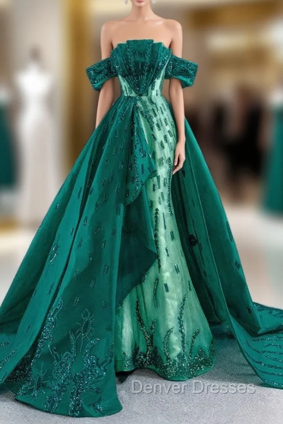 Dark Green Mermaid Satin Sequins Off the Shoulder Prom Dress Main image
