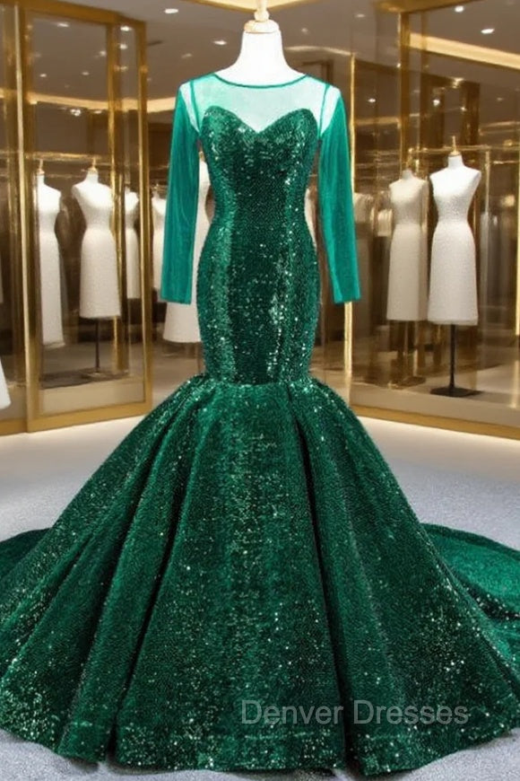 Dark Green Mermaid Sequins Long Sleeve Prom Dress With Train Main image