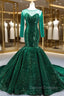 Dark Green Mermaid Sequins Long Sleeve Prom Dress With Train