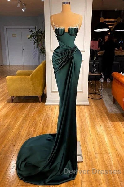Dark Green Mermaid Spaghetti-Straps Satin Long Prom Dress With Beadings Secondary image