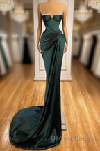 Dark Green Mermaid Spaghetti-Straps Satin Long Prom Dress With Beadings