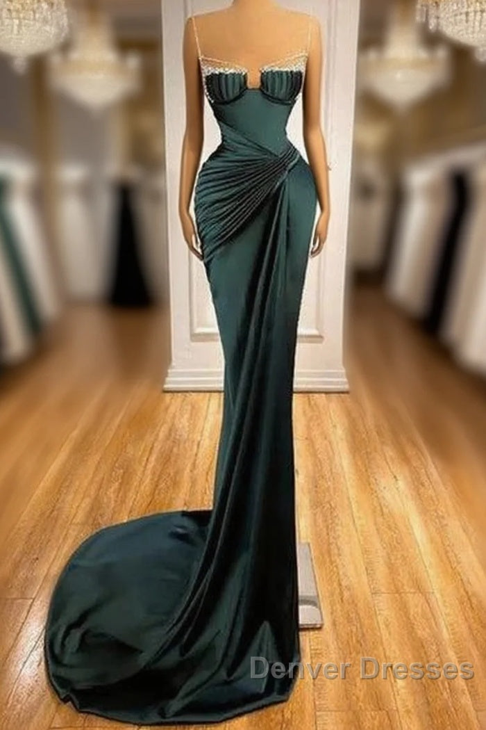 Dark Green Mermaid Spaghetti-Straps Satin Long Prom Dress With Beadings