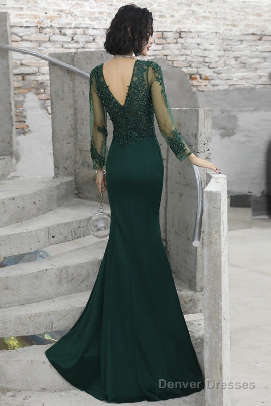 Dark Green Mermaid Spandex Long Evening Dress With Lace, Long Sleeves Prom Dresses