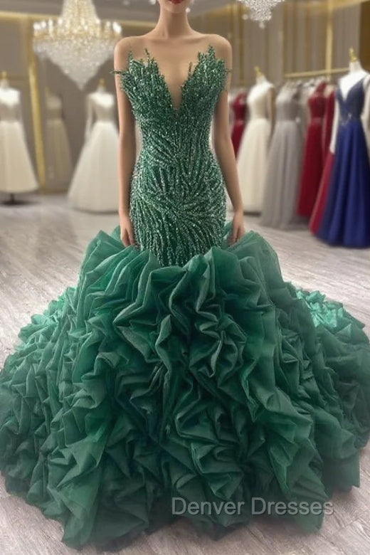 Dark Green Mermaid Strapless Ruffles Beading Prom Dress Main image